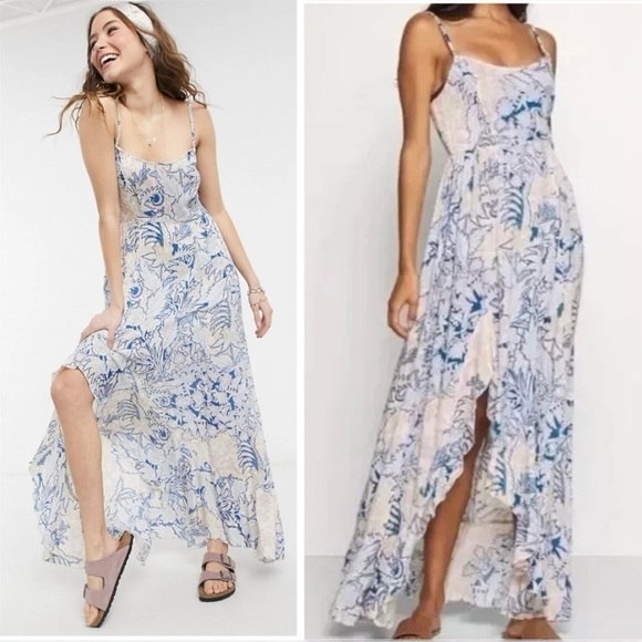 FREE PEOPLE Forever Yours Ruffled Smocked Floral Slip high-low Maxi Dress Small - Picture 3 of 9